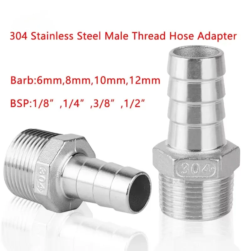 

KRE 1/8" 1/4" 3/8" 1/2" BSP Male 6 8 10 12mm Hose Barb Connector 304 Stainless Steel Hosetail Pagoda Coupling Tail Connector