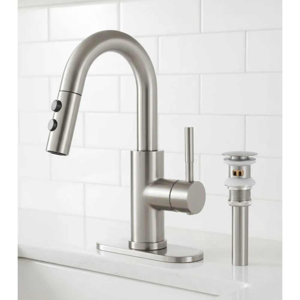 

Pull Down Sprayer Bathroom Faucet Brushed Nickel Single Handle Pop Up Drain Laundry Sink