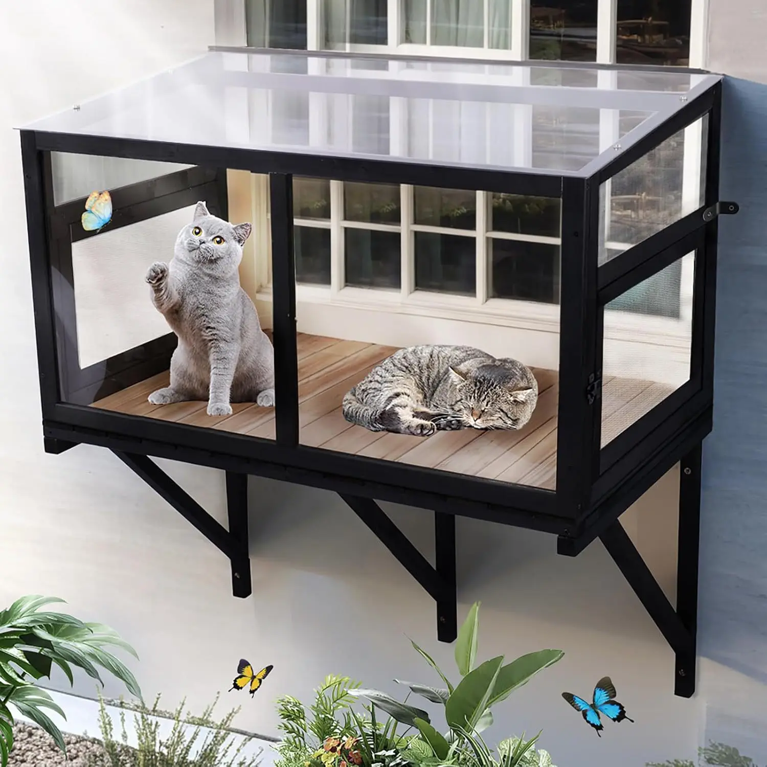 

Wooden cat balcony cat window box window perch courtyard outdoor fence mosquito proof landscape terrace