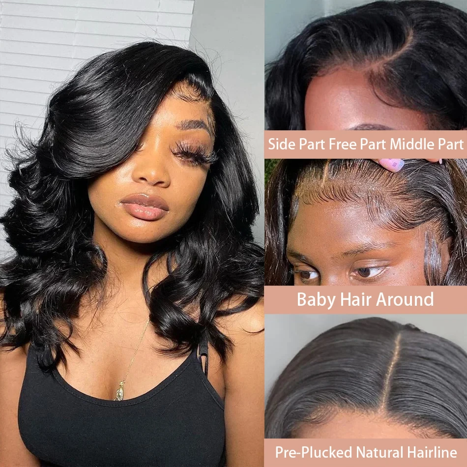 13x4 Short Body Wave Lace Frontal Bob Wig 200% Density Brazilian 100% Human Hair 4x4 Transparent Lace Wigs For Women 12 14 Inch