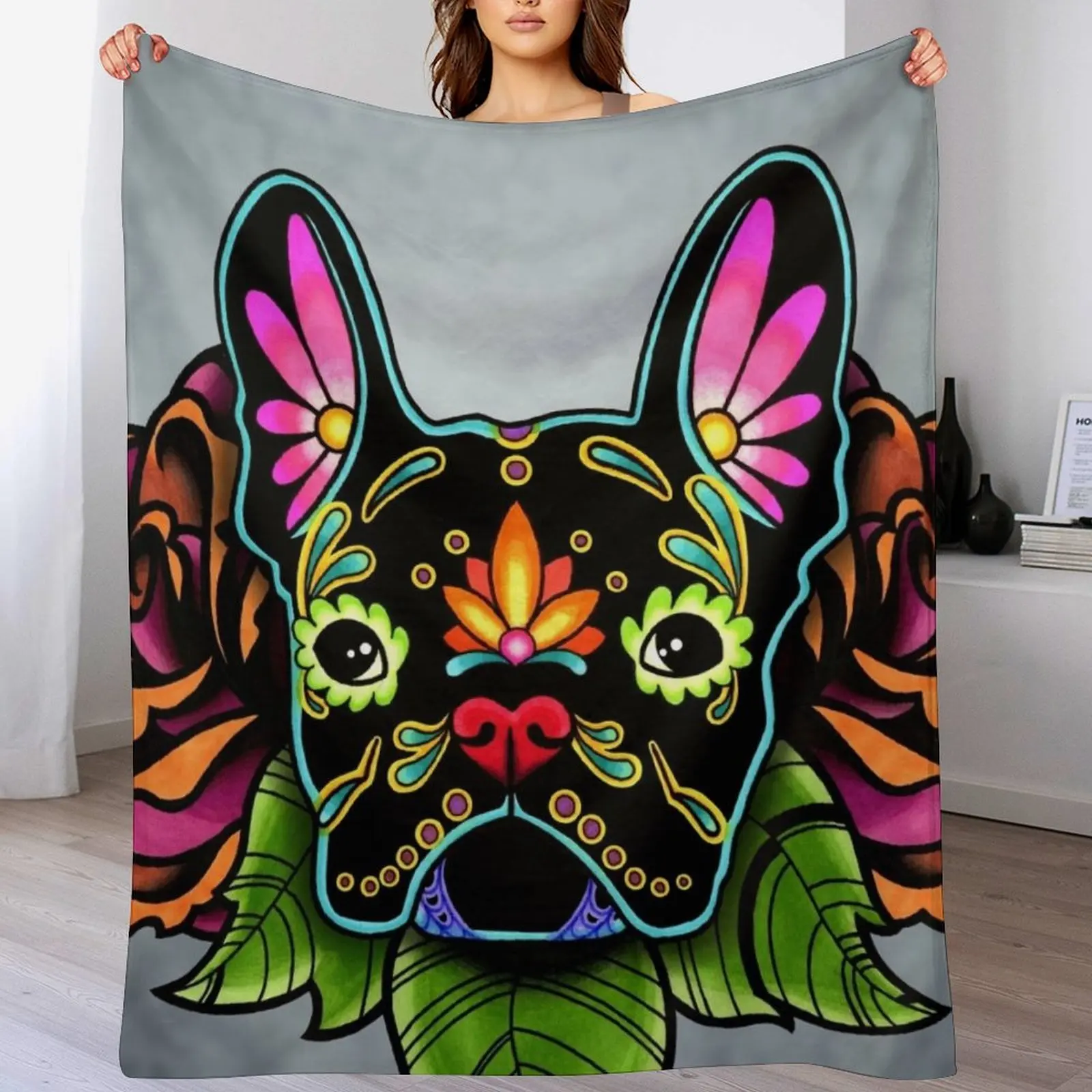 

Day of the Dead French Bulldog in Black Sugar Skull Dog Throw Blanket Warm Cute Plaid Personalized Gift Thins Blankets
