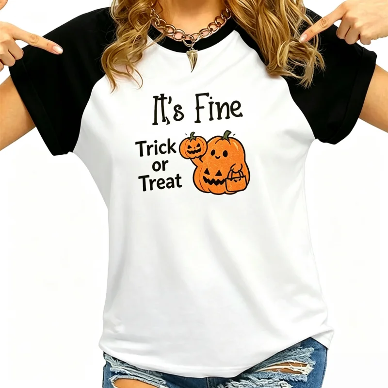 Trick or treat Halloween cartoon printed short sleeved retro raglan T-shirt series in 2026 without giving candy