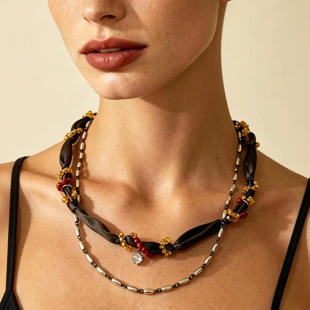 Brown Satin Ribbon Choker Necklace For Women Red Amber Bead Oval Metal Chain Clear Crystal Pendant Vintage Jewelry