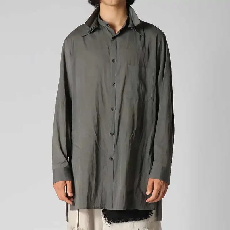 

YOJI OOAK оригинальный дизайн, двойной съемный воротник, дымчато-серая шелковая рубашка из медно-амиака, повседневная рубашка с воротником для мужчин