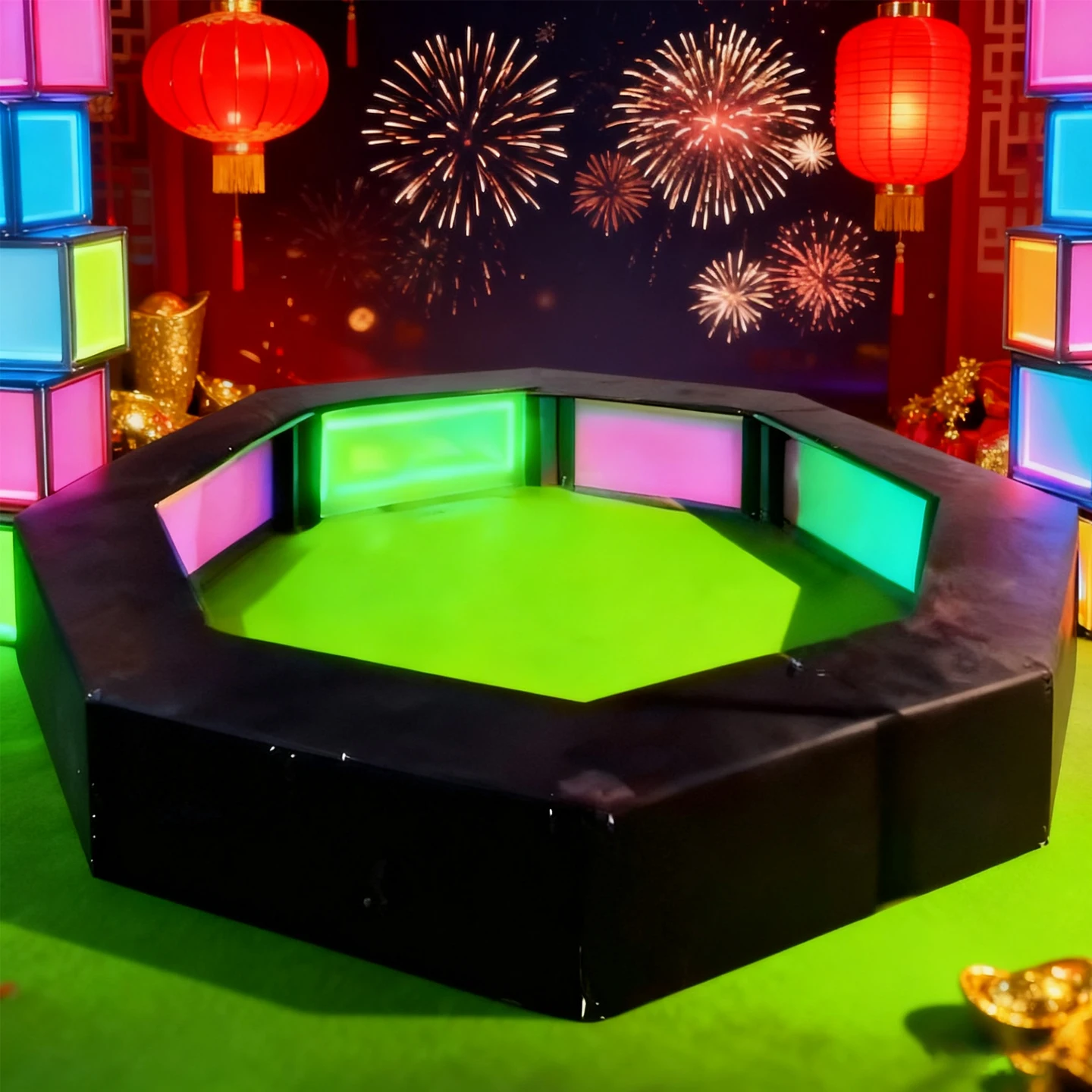 Octagonal football field scoring through playing football interactive games, carnival game activities, and props