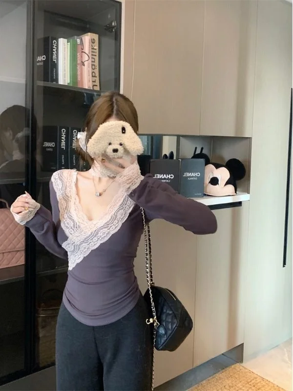 레이스 트림 V넥 브라드 베이스 여성 이너 디자인 슬림핏 퓨어 디자이어 롱 슬리브 초가을 시크 탑