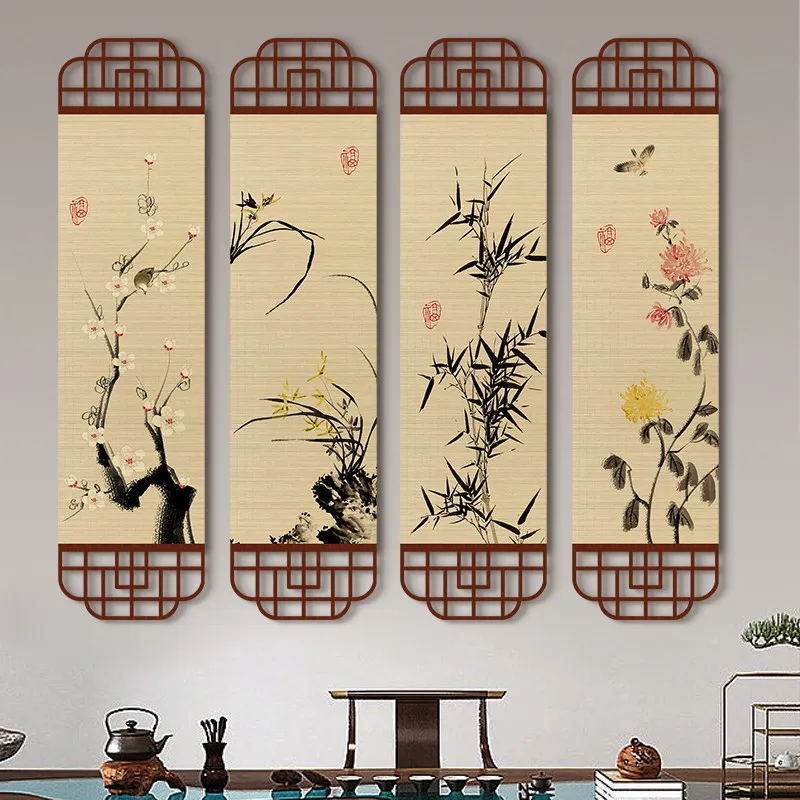Bamboo Mat Wall Hanging Chinese Floral Calligraphy Art for Boutique Guesthouse and Acupuncture Clinic Reception Entryway Decor