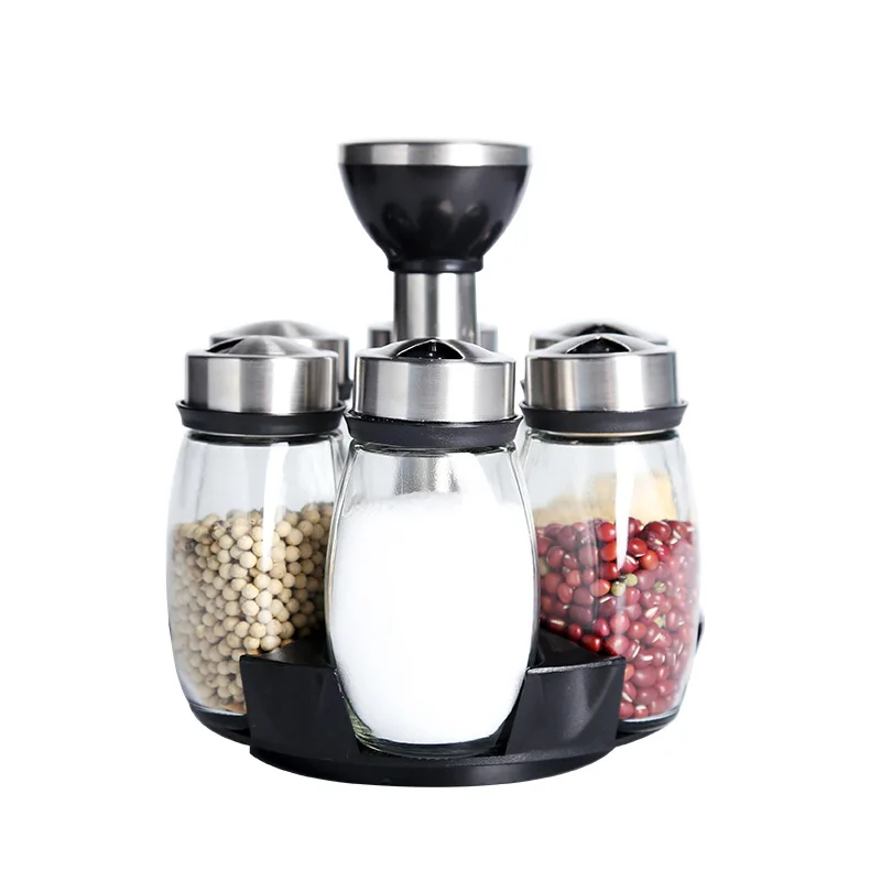 Household Kitchen Glass Spice Jar Rotating Seasoning Box Set  Bottle