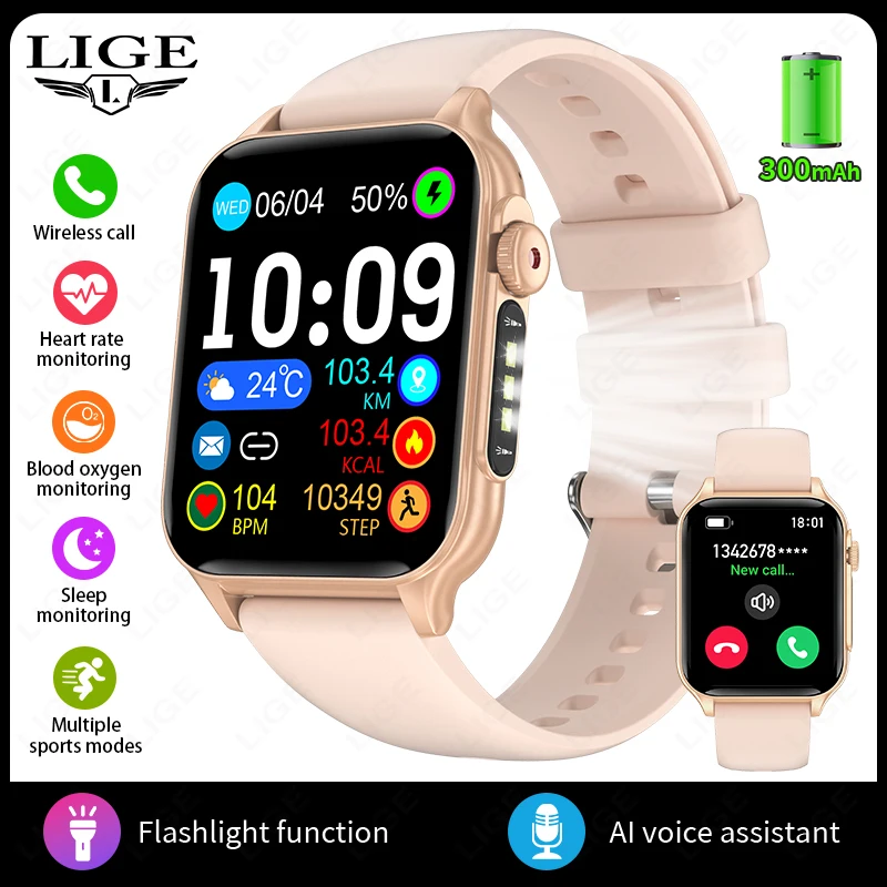 LIGE Neue 1,96 "Smart Uhren Männer Frauen LED Taschenlampe 3ATM Wasserdichte Sport Uhr Fitness Tracker Herzfrequenz Überwachung Smartwatch mann 4