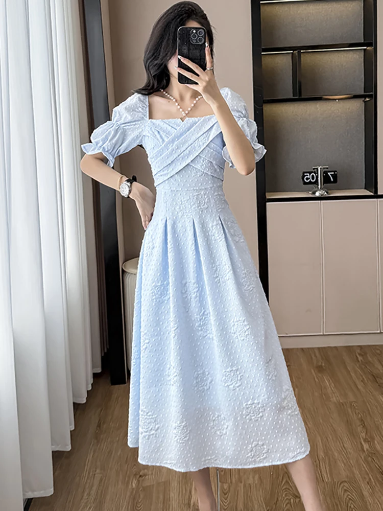 

Summer Blue Jacquard Chiffon Puff Sleeve Long Dress Women Elegant Beading Square Collar Luxury Dress 2025 Korean Bodycon Dresses