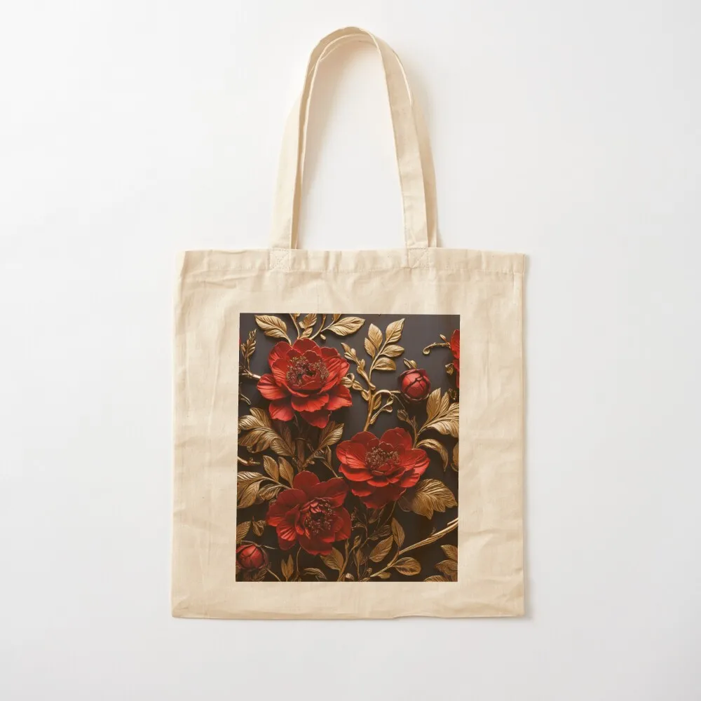 Red roses Gold leafs leaves Tote Bag