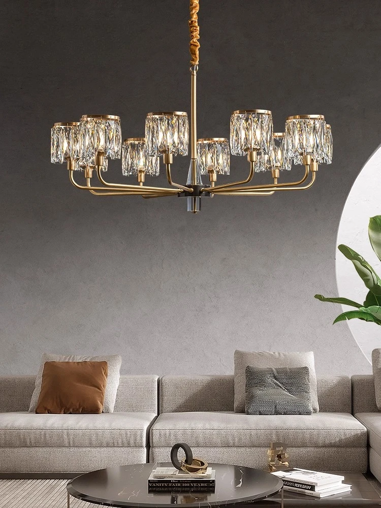 Modern all copper light luxury crystal chandelier, living room light, grand dining room light, bedroom simple lighting fixtures