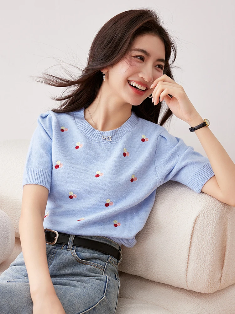 Summer Floral Embroidery Sweaters for Women Short Sleeve Knitted Tops Knitwears Pullovers Fashion Versatile Casual Top