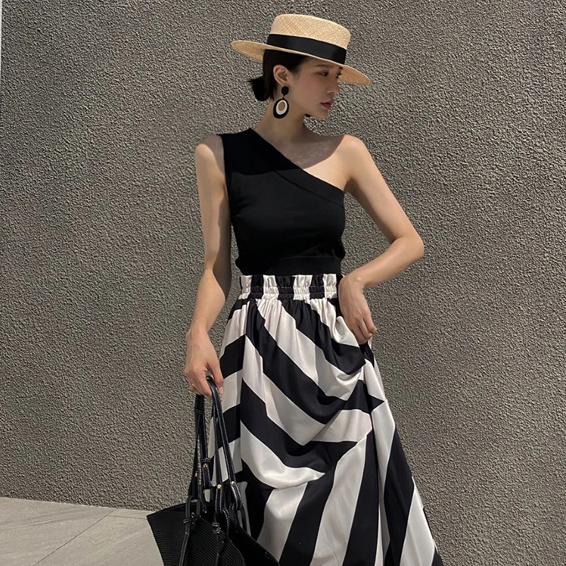 

Faldas Largas Long Skirts for Women Vintage Summer New 2024 High Waisted Slim Print Large Hem Striped Skirt Y2k Harajuku