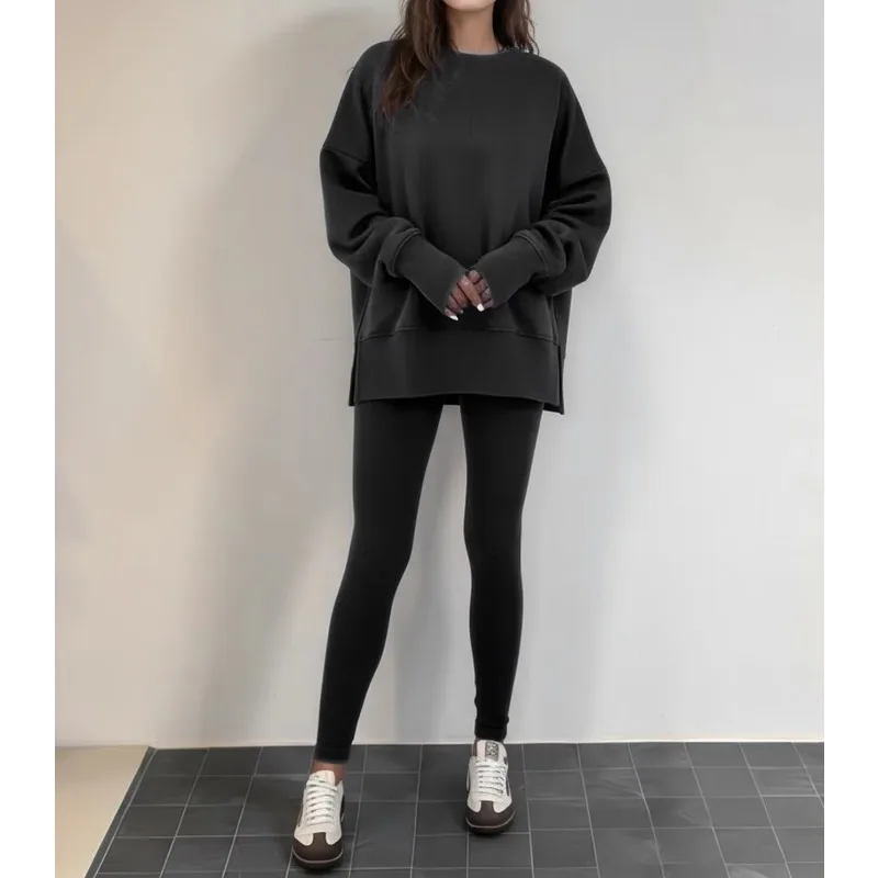 Women 2 Piece Outfit Set Round Neck Long Sleeve Split Hem Loose Sweatshirt + High Waist Skinny Pants Casual Tracksuit Autumn