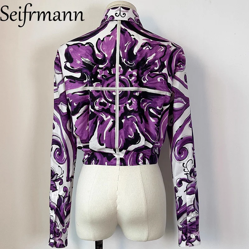 เสื้อผู้หญิงเซฟร์มันน์ เอลิแกนท์คอปกพับได้กระดุมแถวเดียวแขนยาวแฟชั่นพิมพ์ลายเสื้อผ้าฝ้าย