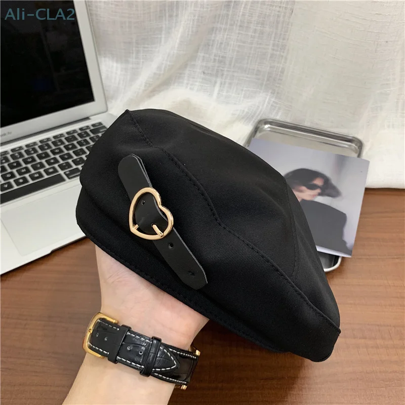 New Metal Love Heart Buckle Black Berets Autumn Winter Warm Hip Hop Hats Vintage Elegant Women Girls Decorative Cap image 4