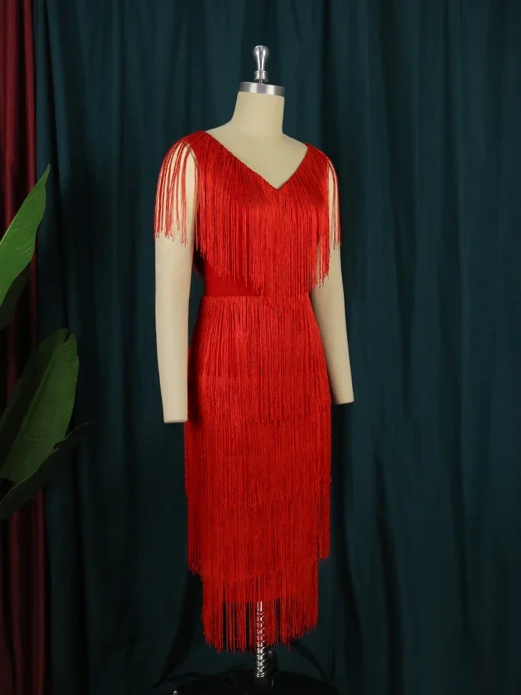 Large Size Red Tassel Dress Women V Neck Sleeveless High Waist Fringe Cocktail Evening Birthday Party Gowns Outfits Summer 2024