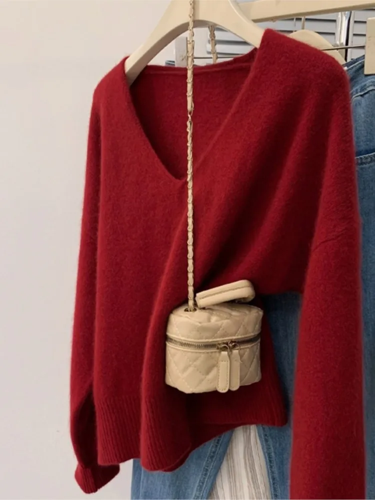 

V-neck Winter Clothes Woman Pulls Femmes All-match Loose Simple Style Sweaters Comfortable Solid Color Pullovers Knitted Casual