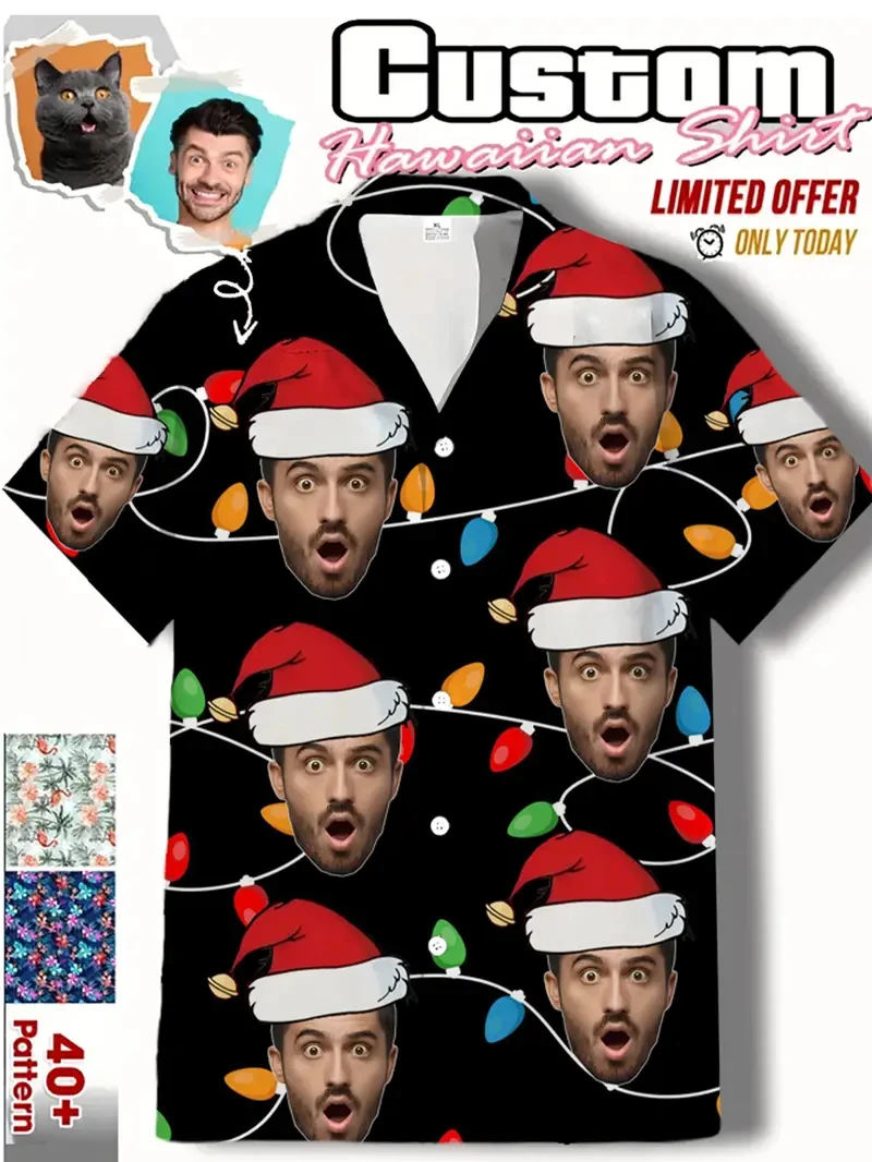 Funny Custom Face Design Christmas Hat Shirts Funny Holiday Mens Shirts Casual Button Down Xmas Shirts Y2k Unisex Blouses Tops