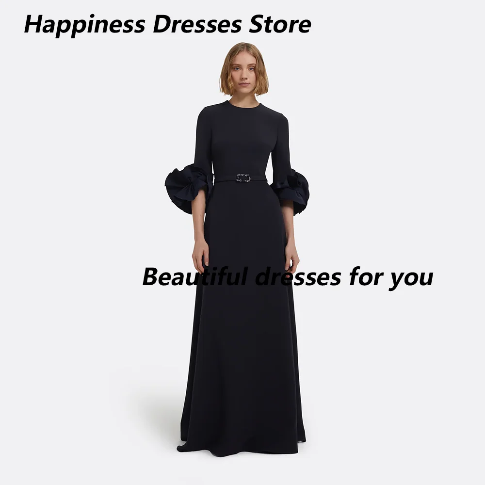 

Navy Evening Dresses for Women O-Neck Half Sleeves A Line Floor Length 2025 Evening Gowns Crystal Belt Prom Gown Customized
