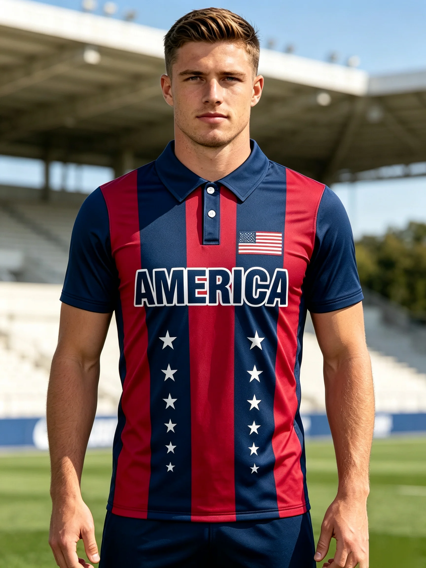 2026 America soccer polo jersey, red‑navy vertical stripe, star decoration and US flag badge, lightweight quick‑dry fabric