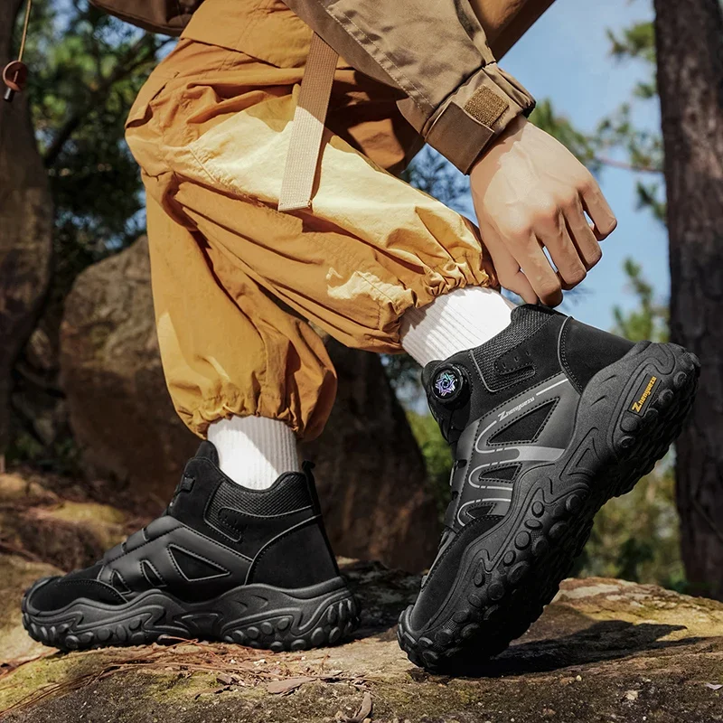 Big Size 48 Rotary Buckle Motorcycle Boots For Men Autumn Winter Ankle Boots Outdoor Hiking Boots Platform Men's Working Boots