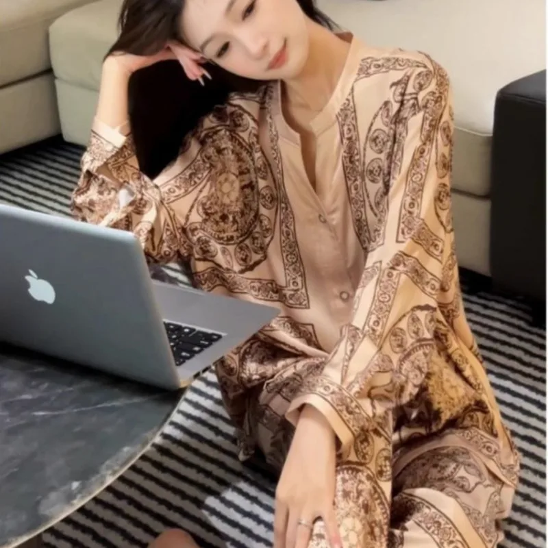 Old Money Ice Silk Pajamas Women 26 Summer Autumn New Luxury Style Fashion Elegant High-End Long Sleeve Pants HomeWear Nightgown