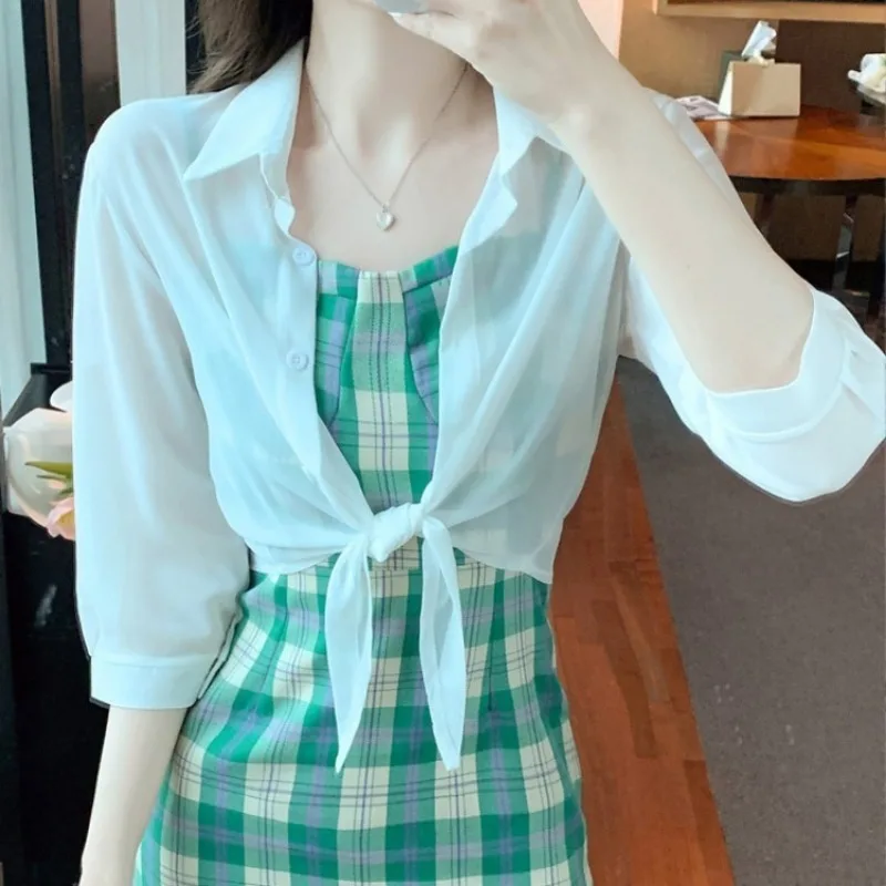 2023 Summer Half Sleeve Buttoned Up Shirt Women\'s Coat Sun Protection All-match Thin Short Sleeve Chiffon Cardigan Female 13556