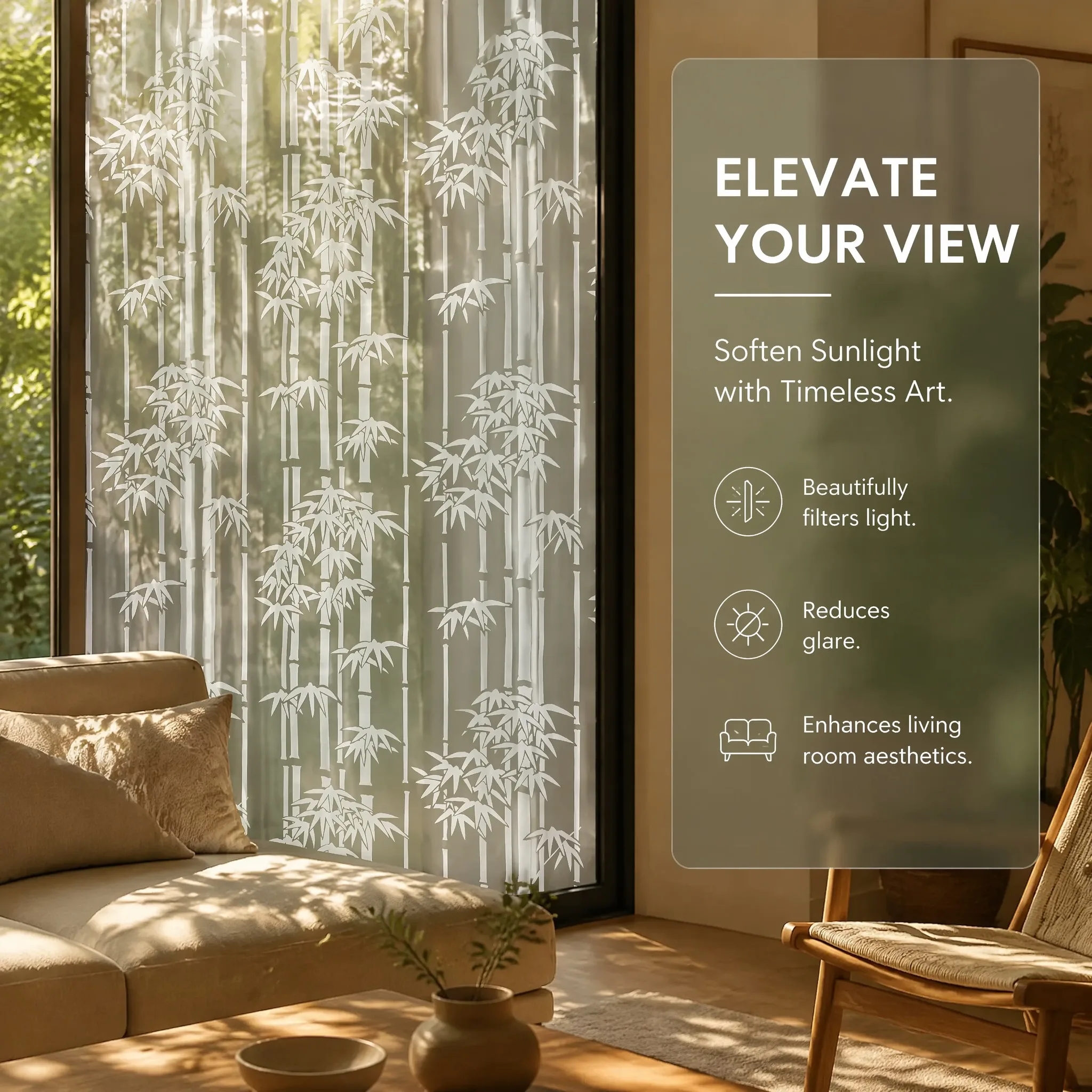 Zen Bamboo Frosted Privacy Window Film Self-Adhesive Decorative Home Office Decorations Glass Frosted Film