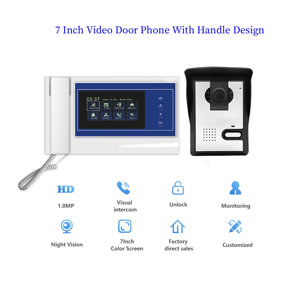 

7-дюймовый видеодомофон для квартиры, 1MP HD, дизайн ручки камеры, видеодомофон, домофонная система для безопасности семейного дома