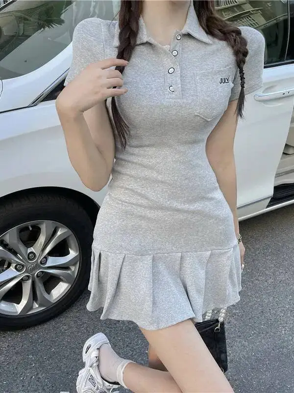 2022 Summer New Fashionable First Love Gentle Style Fishtail Polo Dress Solid Embroidery Rib Button Short Sweet Women SHWP