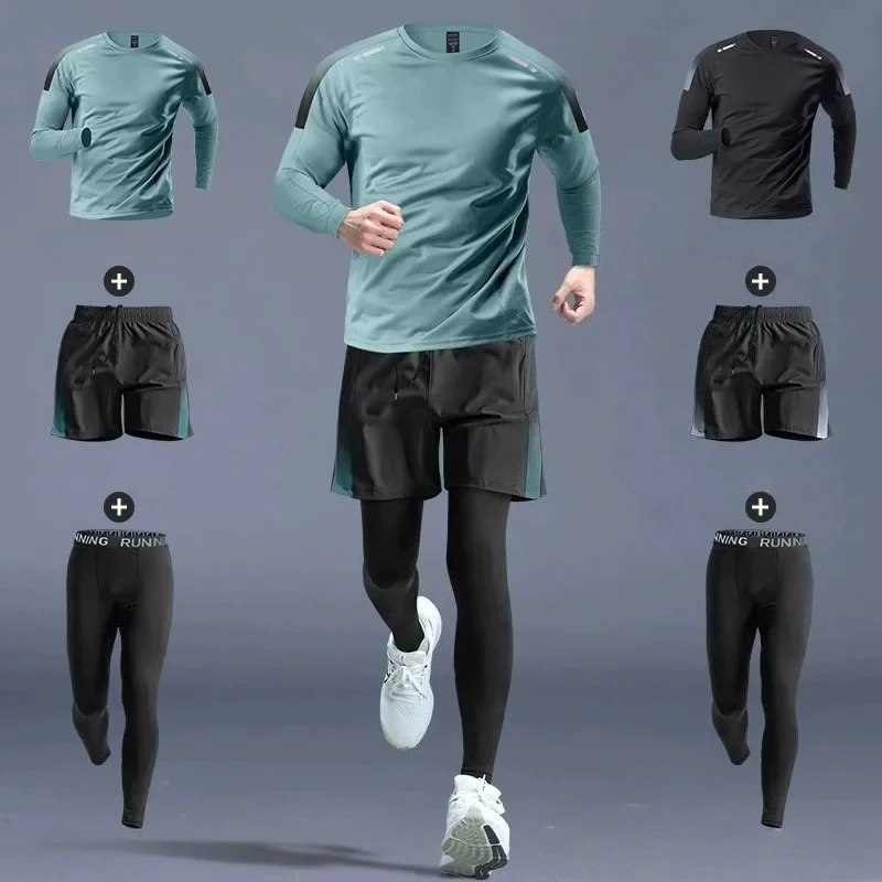 Fitness Gym Compression Suit T-shirt Men's Long Sleeves Sportswear Spring Autumn Outdoor Dry Fit Sports Running Tops 3-piece