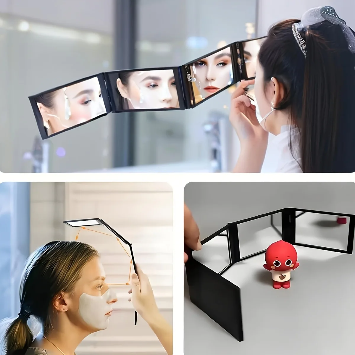 Handheld 360° Rotating Foldable Four-Sided Makeup Mirror, HD Panoramic Design, Can Be Carried, Travel and Home Versatile
