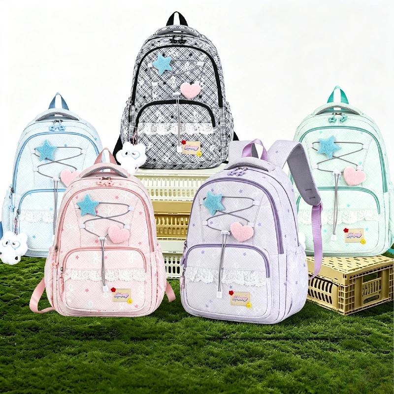 Plaid Star Lace Backpack for Girls Heart Decor Large Capacity Lightweight Teen Student Schoolbag Sweet Daily Shoulder Rucksack