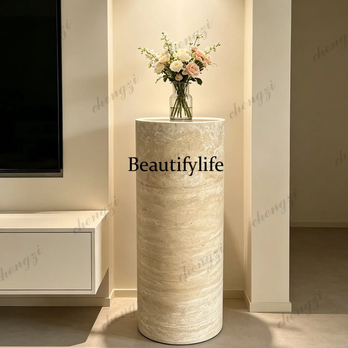 Travertine floor-to-ceiling cylindrical ornament modern living room entrance booth decorative stone pier