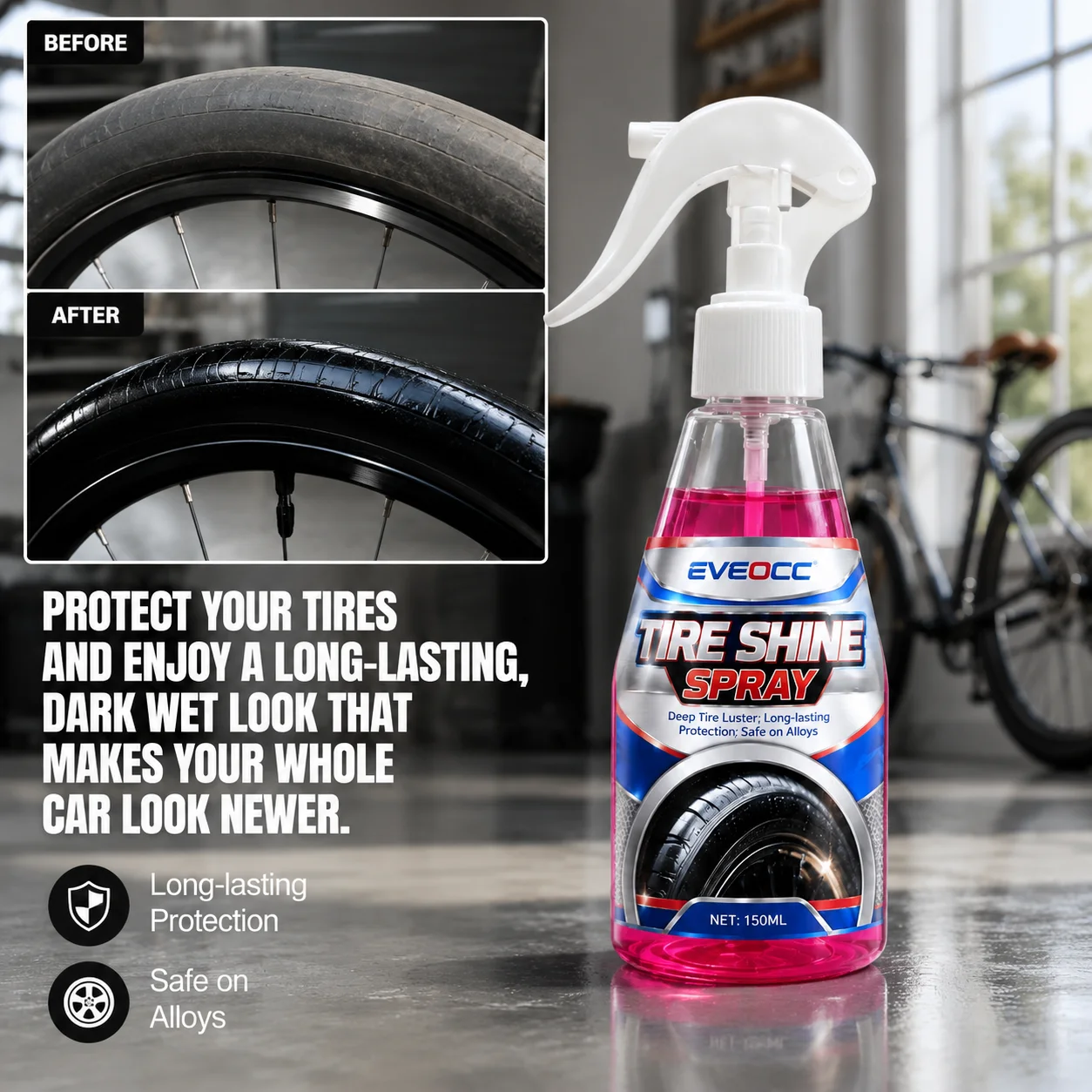 150ml Car Tire Shine Spray, Long Lasting Gloss Protection Agent Deep Luster for Rubber Tires & Alloy Rims
