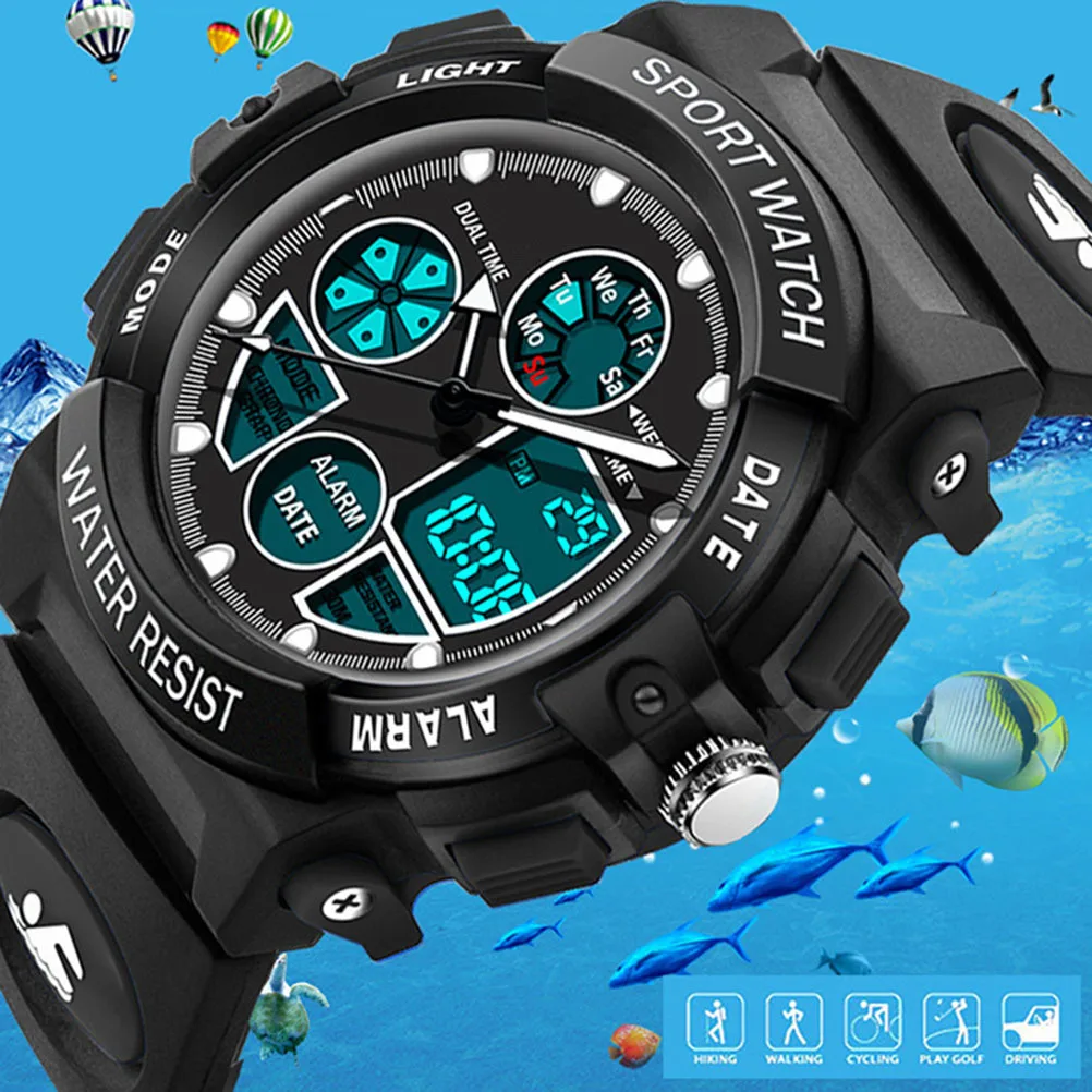 Digital Watch 30M Waterproof Large Dial LED Light Alarm Calendar Stopwatch Dual Time Wristwatch Black for
