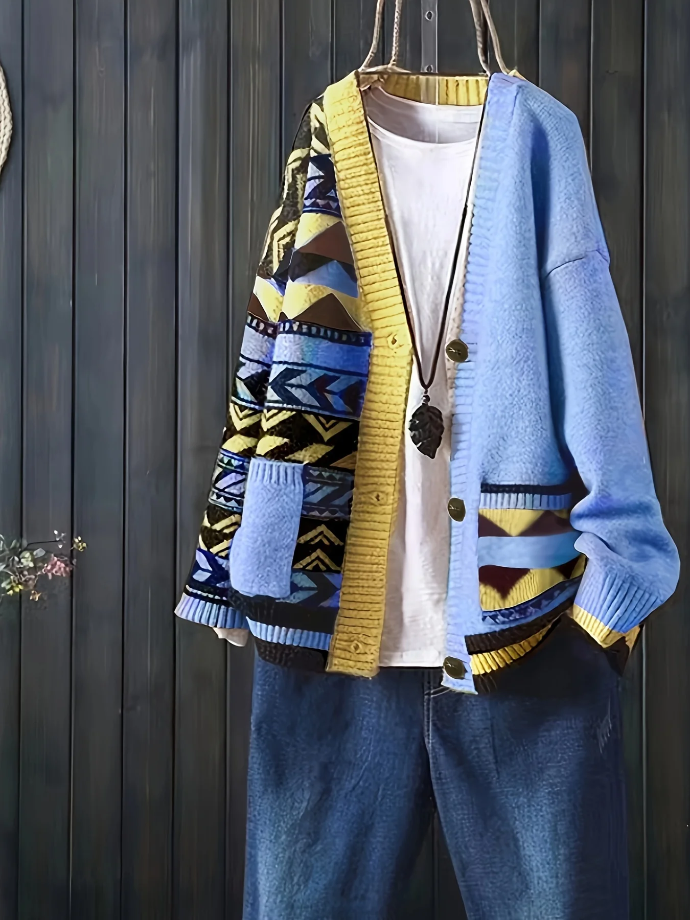 

European and American style elegant autumn and winter V-neck geometric pattern knitted cardigan sweater coat