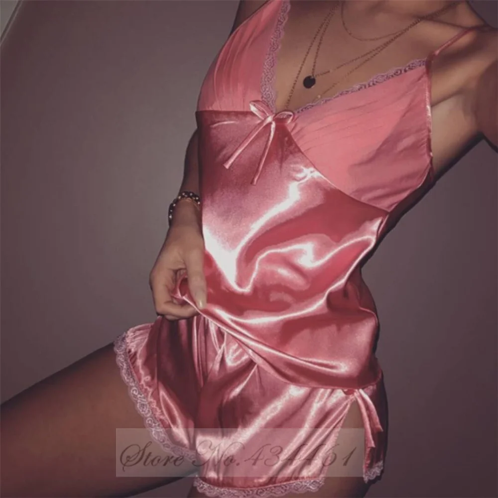 Mais tamanho suspender pijamas conjunto sleepwear sexy laço arco cami shorts pijamas terno lingerie verão novo feminino cetim de seda homewear