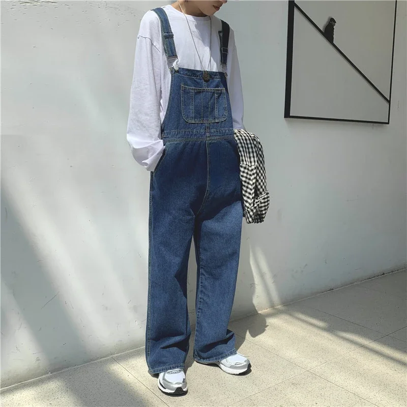 Casual Fashion Jumpsuit Men\'s Jeans Overalls Loose Straight Denim Overalls Suspenders Pants Safari Style Cargo Pants