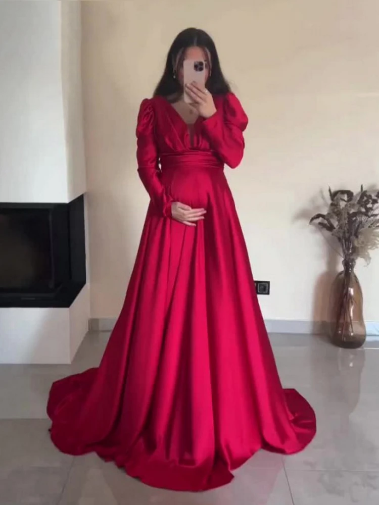 A-Line Sexy V-Neck Prom Gowns Satin Occasion Dress Long Sleeves Robe De Soirée Women Elegant Pregnant Evening Party Dress