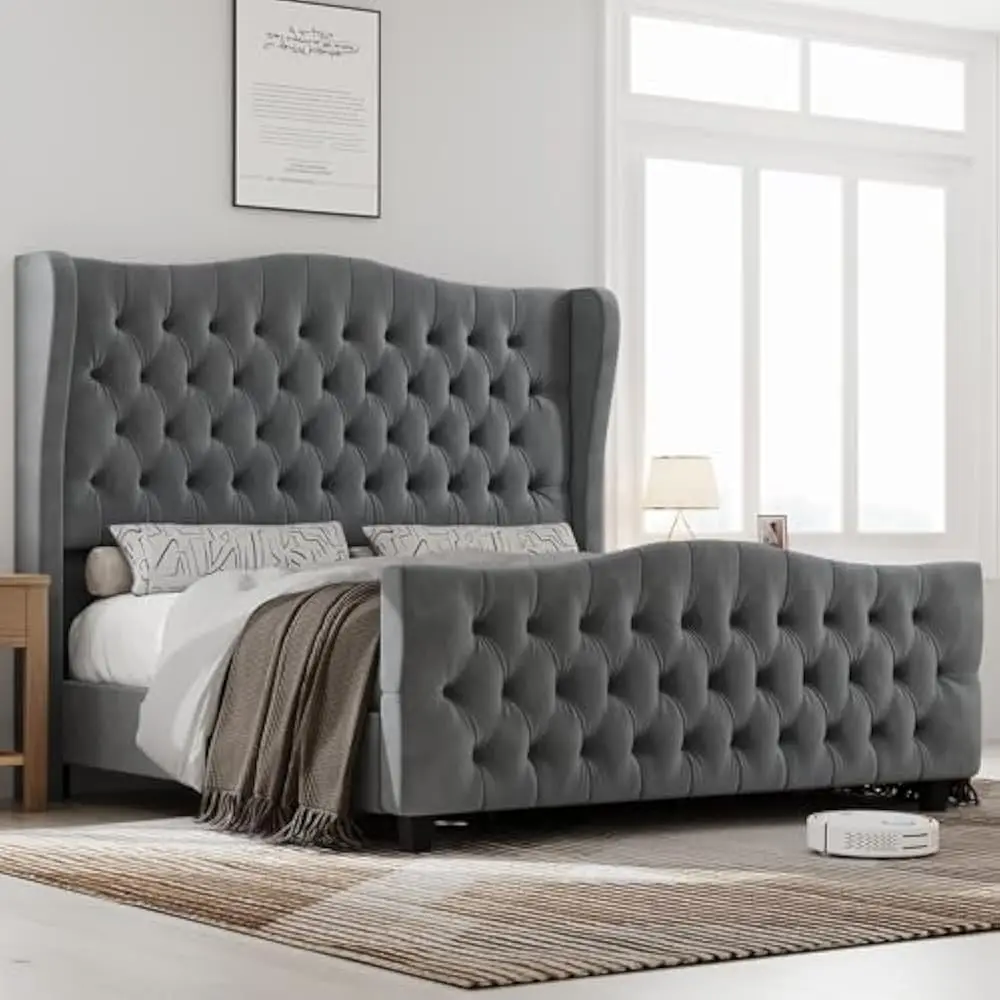 Queen Size Bed Frame with Velvet Upholstered Deep Button Tufted Wingback Headboard and Footboard, Queen Size Bed Frame