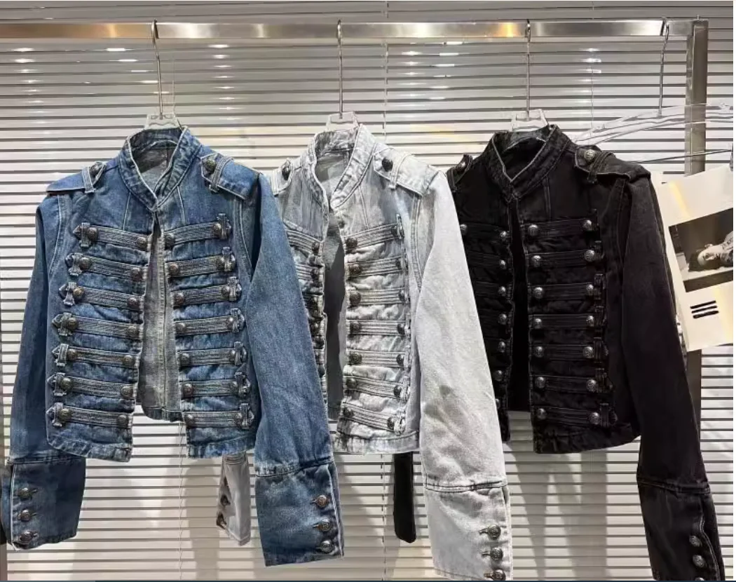 

Spring style retro metal rib buckle washed denim short jacket for stage wear