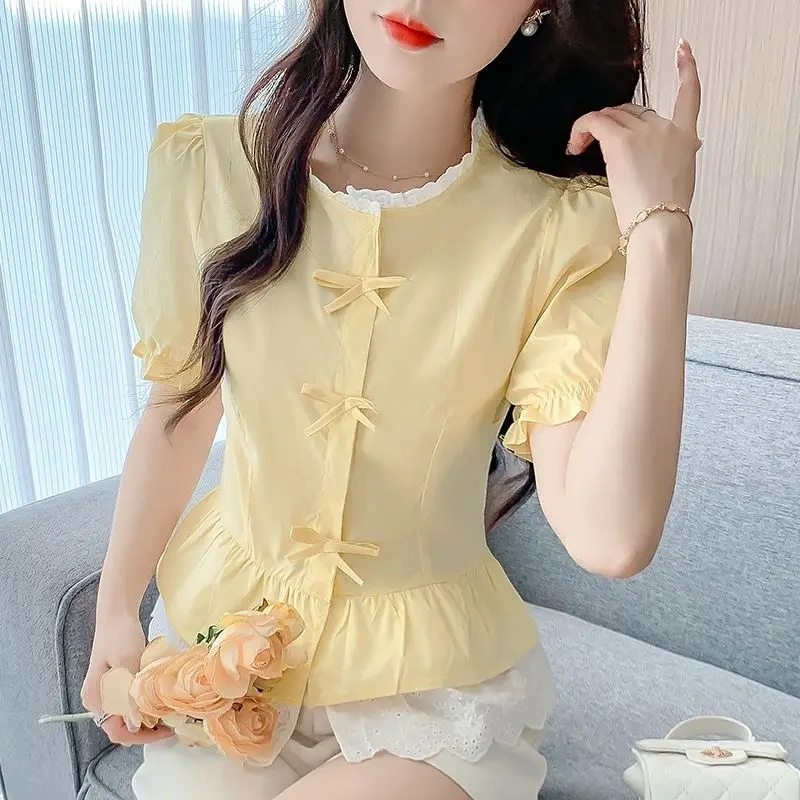 

​ Новая летняя женская блузка 2026 в корейском стиле с бантом, элегантный топ для молодых женщин ​