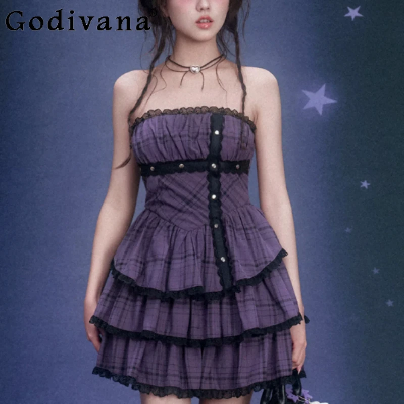 Spring Summer New Elegant Purple Plaid Strapless Cake Dress Fashion High Waist A-line Versatile Personalized Street Dresses
