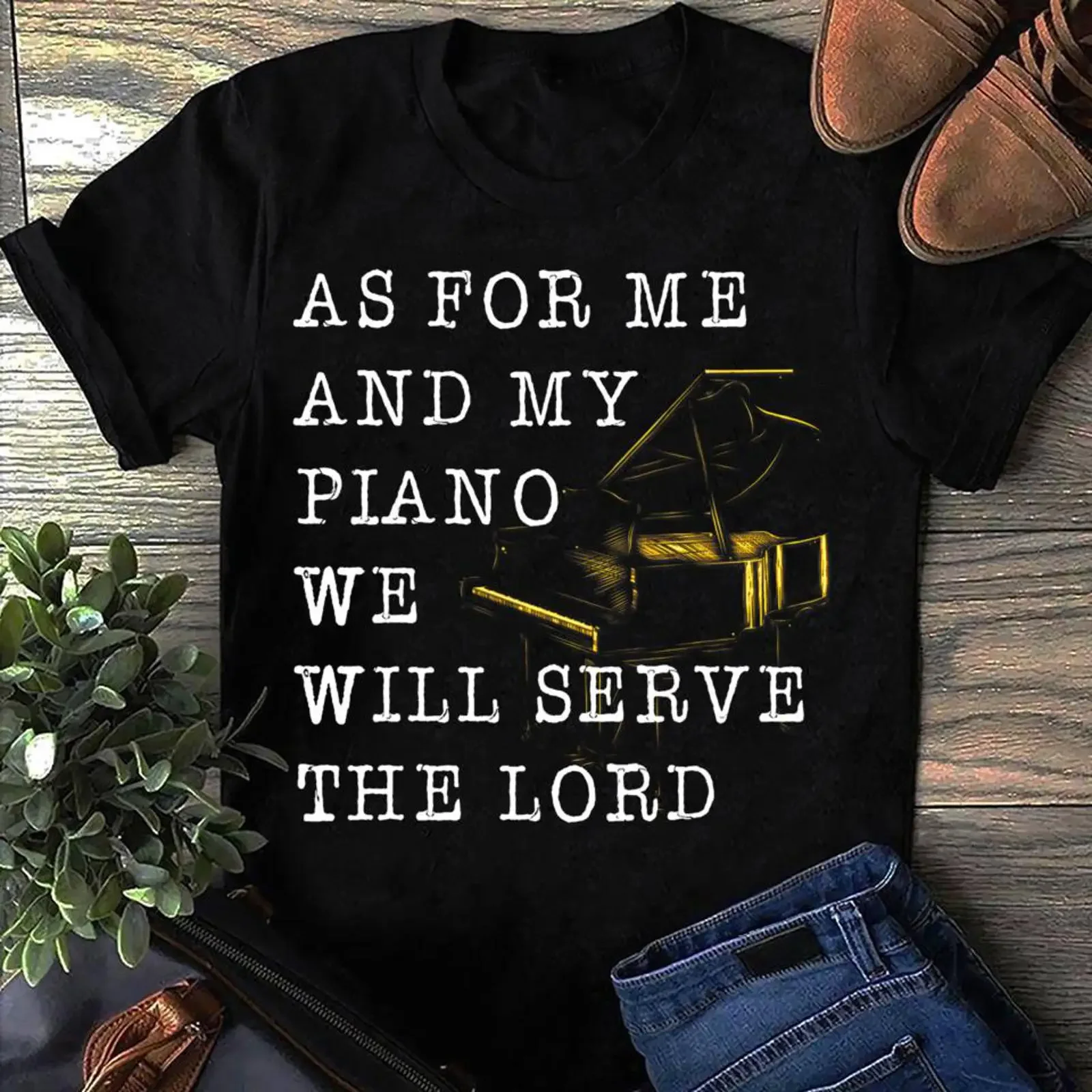 Vintage Quote As For Me And My Piano We Will Serve The Lord T Shirt Lover Player vintage Washed homme Casual Versatile