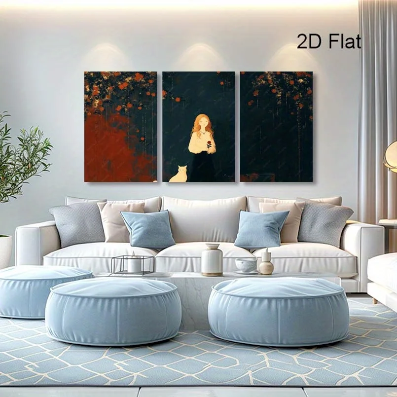 Frameless 2D Flat Set of 3 Modern Abstract Featuring Girl And Cat, Perfect for Decorating Your Home, Including Living Room, B