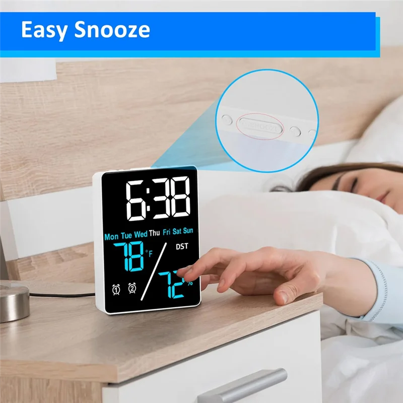 N93R Digital Room Thermometer Hygrometer Alarm Clock For Desk, Indoor Humidity And Temperature Measurement With LED Display