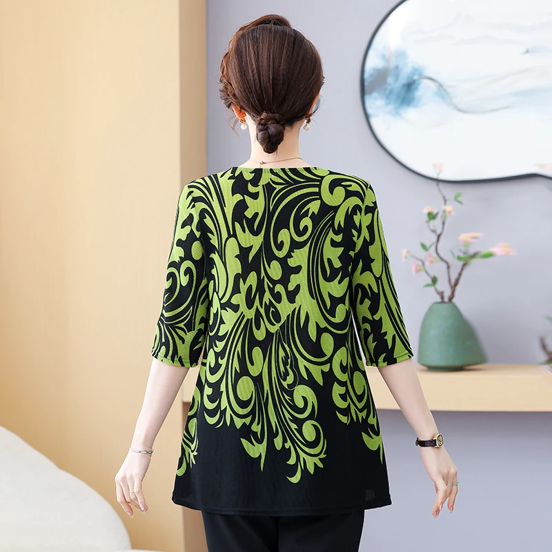 المرأة الجولة الرقبة الربيع الصيف جديد الحد الأدنى تخفيف المطبوعة الماس 3/4 كم فضفاض ميدي البلوز تي شيرت بلايز حجم كبير #4